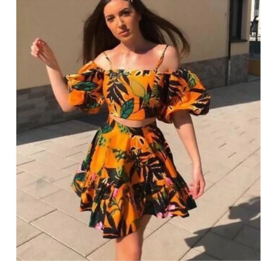 RARE SKIRT SET BLOGGER FAVORITE H&M Orange flare puff sleeve tropical crop XS M - Picture 6 of 11